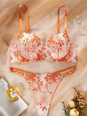 Orange Floral Lace Underwire Bra & Thong Set